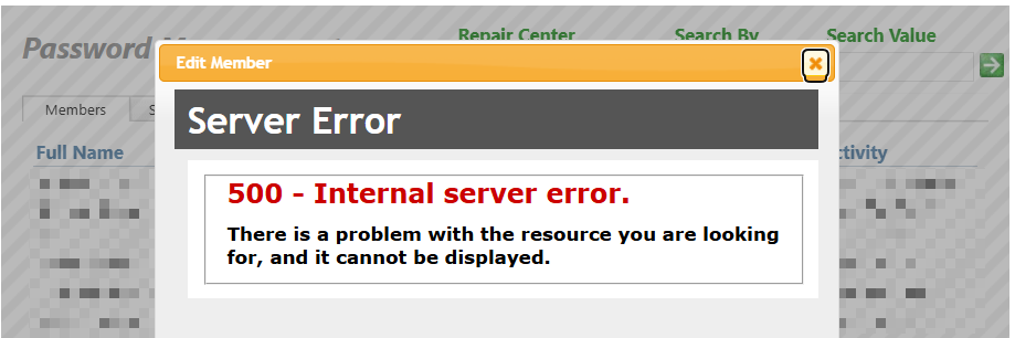 Shows the 500 internal server error in context