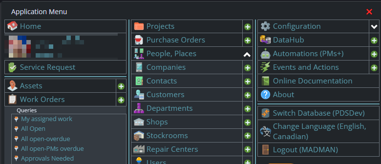 Shows the 3 column menu layout