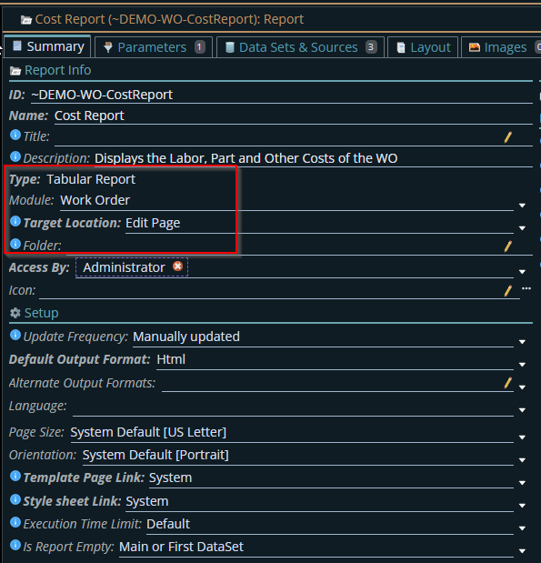 shows the configuration values for Module and Target Location