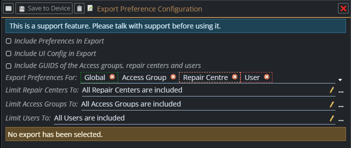 Exporting preferences options