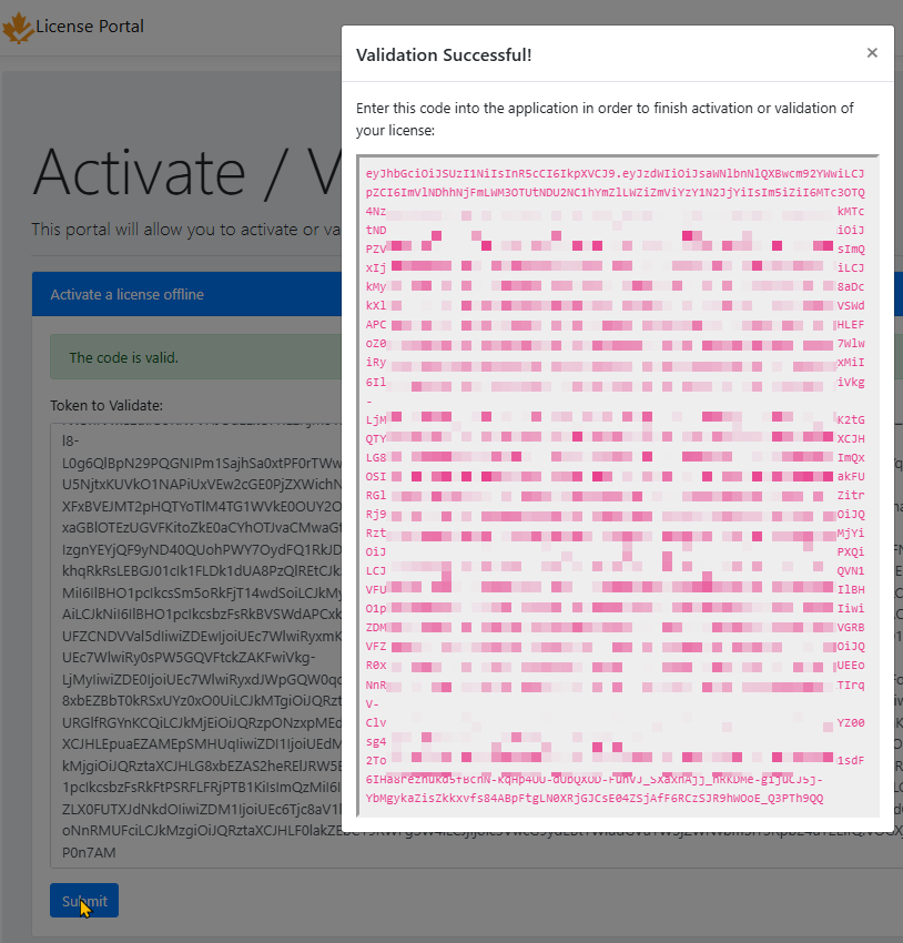 Shows the results of a successfull manual validation request and the output you'll need to copy