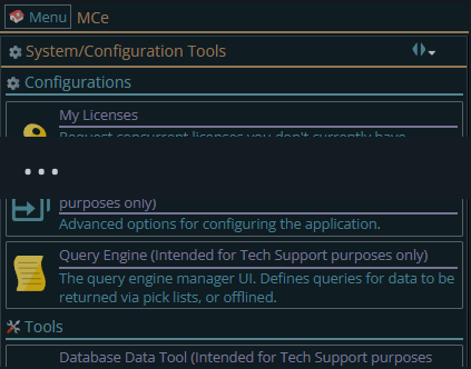 Shows the Configuration menu Query Tool Configuration button
