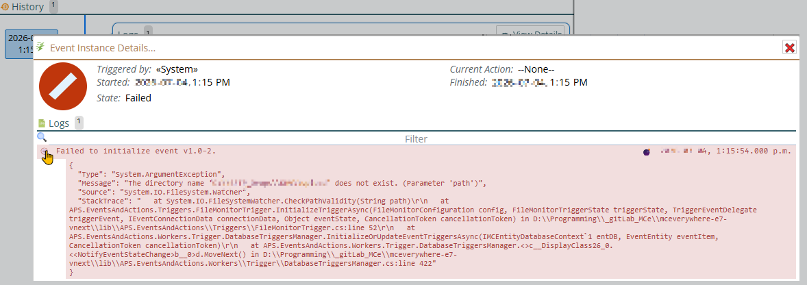Shows the detailed error that is saying that the directory doesn't exist