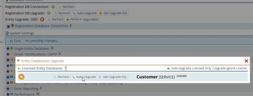 Shows Entity upgrade failed
