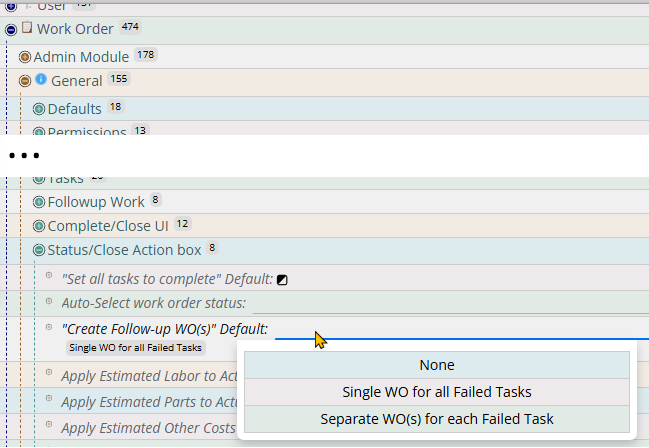 Shows setting the create follow-up WOs default