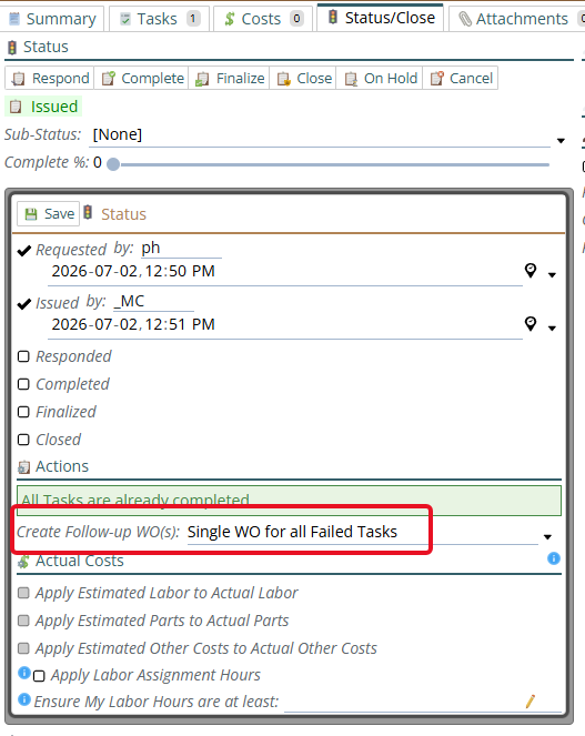 shows create Follow-up WO setting