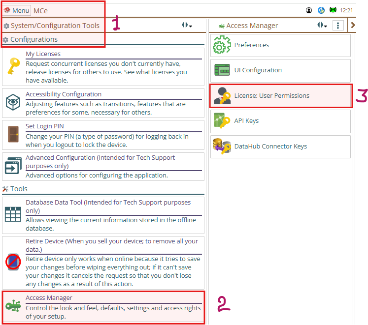 MCe application System ConfigurationTools and License user permissions.