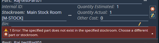 Shows the specified part does not exist in the stockroom error.