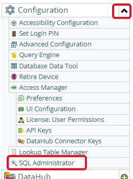 Shows where the SQL Administrator tool is in the main menu drop down