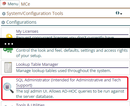 Shows where the SQL Administrator tool is in the Configuration menu