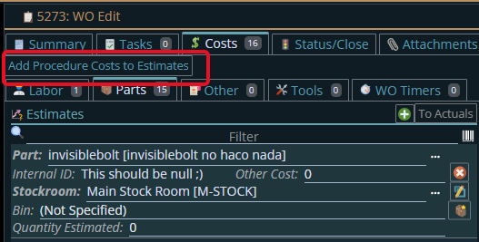Shows button for Adding procedure cost to estimates