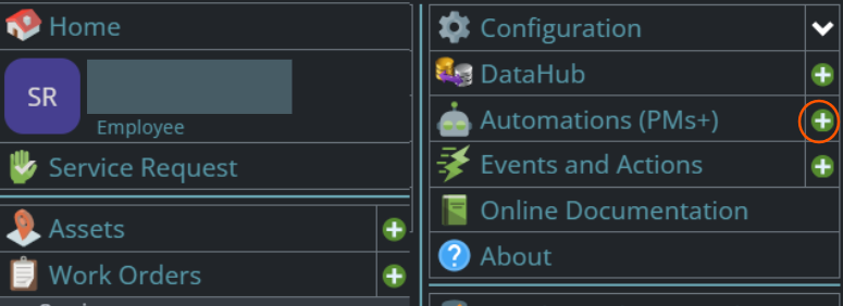 Shows the PMs+ Automations module with the option to create a new Preventive Maintenance (PM).
